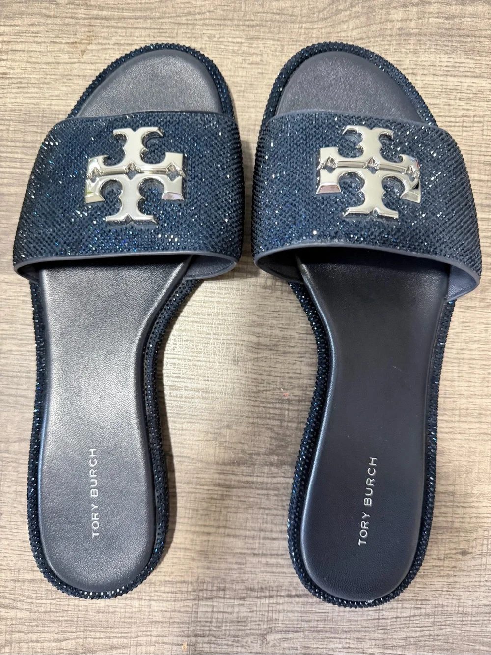 Tory Burch Navy Glitter Logo Slide Sandals